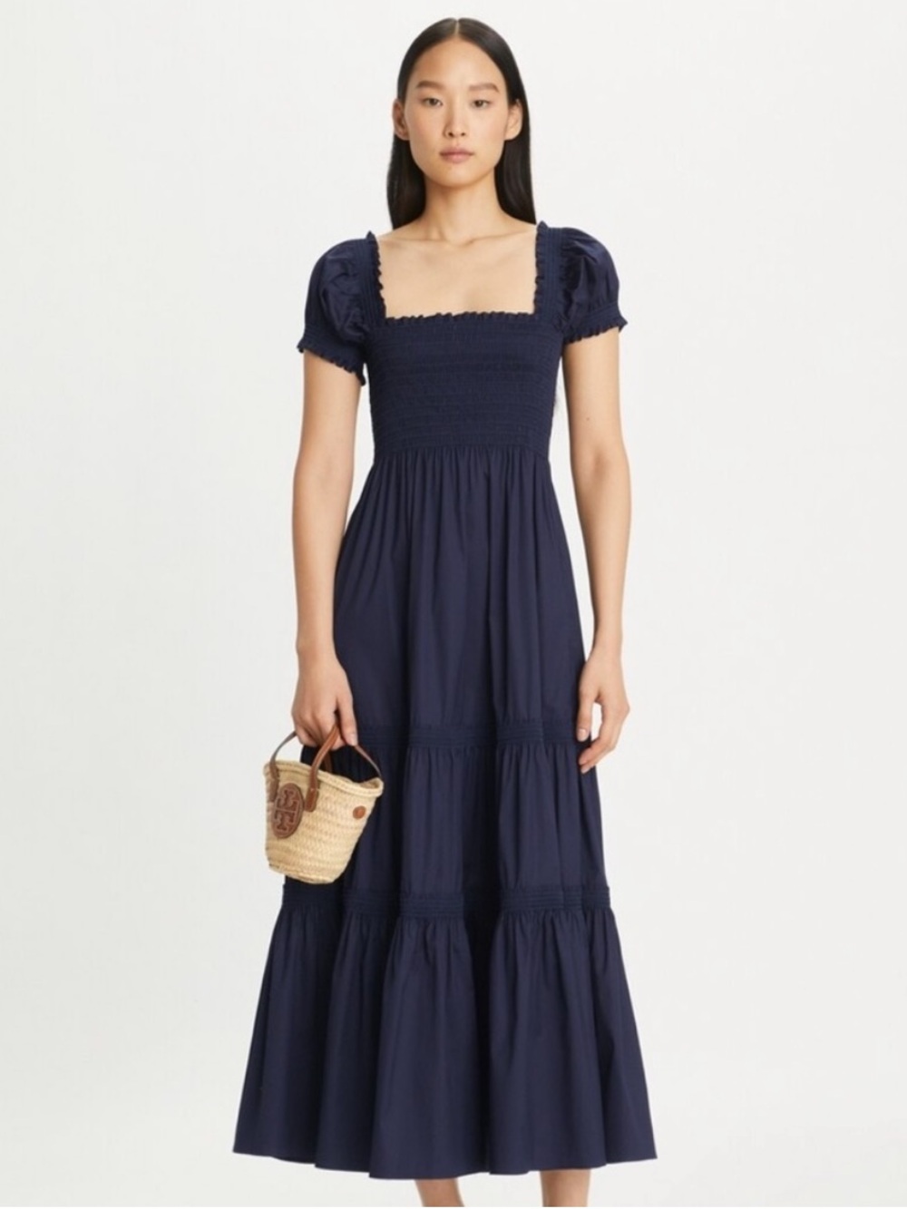 Tory Burch Smocked Midi Dress in Tory Navy